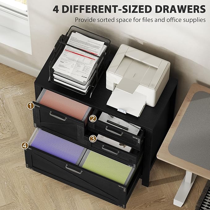 HOMCOM 4 Drawer File Cabinet, Farmhouse Lateral Filing Cabinet with Adjustable Hanging Rails for Letter/A4/Legal Size Files, Printer Stand for Home Office, Black