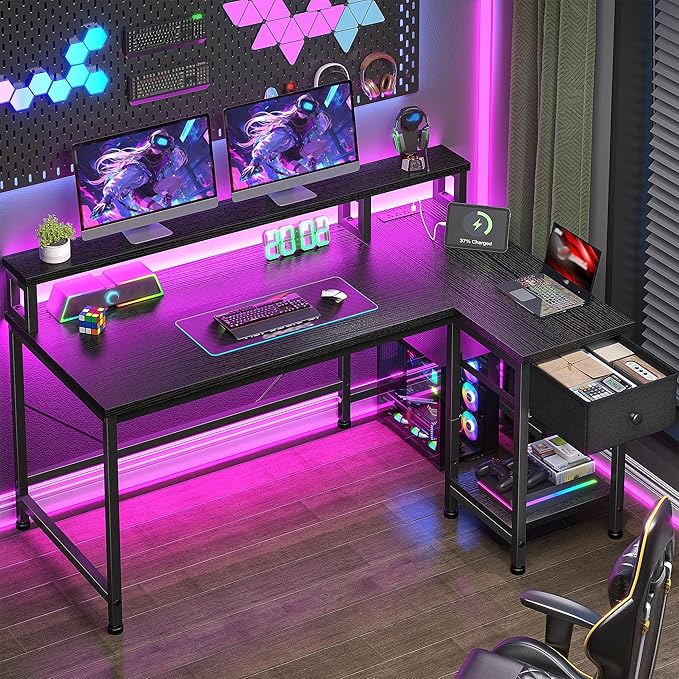 40" Gaming Desk with LED Lights & Power Outlet, L Shaped Desk with Drawer & Monitor Stand, Computer Desk for Small Room, Gaming, Corner Desk for Study Room, Bedroom, Black