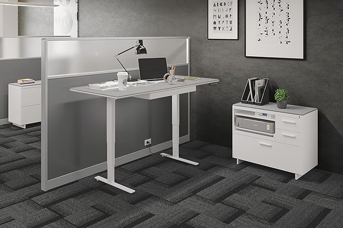 BDI Furniture Centro 6417-35'' Locking Lateral 3-Drawer File Cabinet with Letter or Legal-Size File Drawer, 2 Storage Drawers, Pull Out Printer Tray, Adjustable Shelf, Glass Top, Satin White