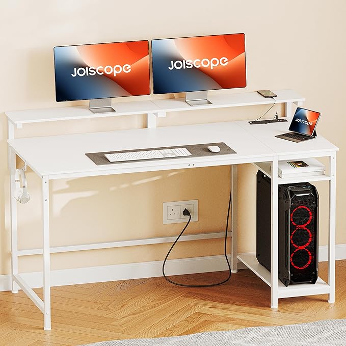 JOISCOPE Home Office Desk with Power Outlets (3AC, USB, Type-C), 55 × 20 Inch Computer Desk with Reversible Shelves, Laptop Table with Display Riser, Gaming Study Drafting Table for Bedroom, White