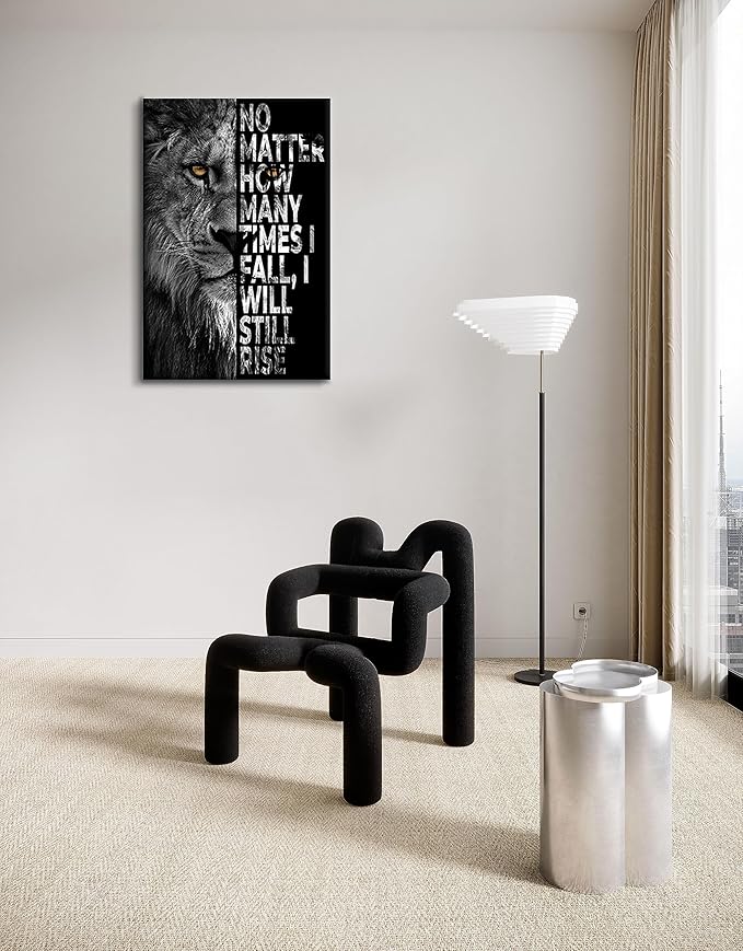Highland Cow Wall Art Motivation Animals Poster Mindset Is Everything Black and White Framed Canvas Artwork for Wall Decoration (lion 01, 28.00" x 44.00")