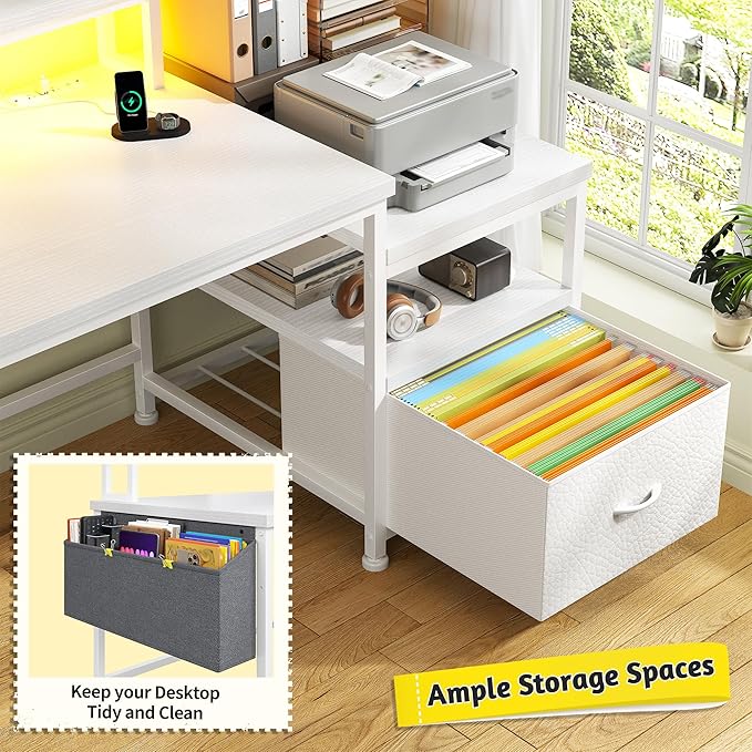 Computer Desk with Drawers,Office Desk with Printer Shelf & Monitor Stand,Gaming Desk with Power Outlets & LED Lights,Corner Table with Side Storage Bag, White