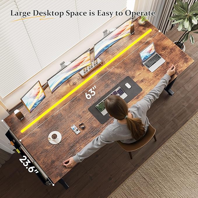 63 Inch Computer Desk with LED Lights, Office Desk for Home Office, Study Desk Writing Table with Storage Bag, Headphone Hook, Rustic Brown