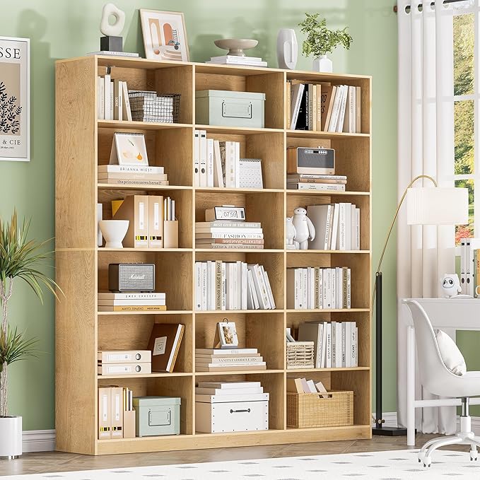 Natural Bookcase with Open Display Shelves, Large Triple Wide Bookshelf, 71.6” Tall 6 Tier Book Case for Living Room, Home Office, Library Bookshelf 2PCS