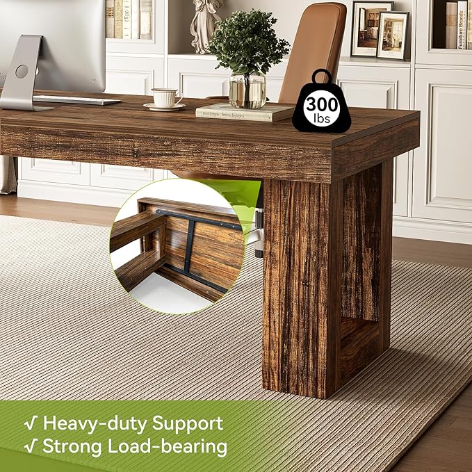 LITTLE TREE 86.6 Inches Extra Long Computer Desk, Industrial Two Person Desk, Wooden Double Desk, Simple Study Writing Table for 2 People, Large Business Workstation for Home Office, Rustic Brown