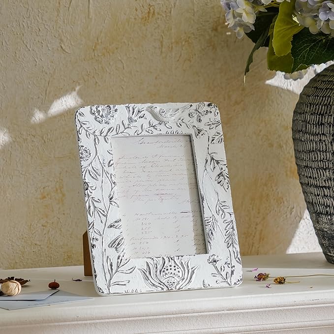 NIKKY HOME Farmhouse 5x7 Picture Frame Boho Photo Frame with 3D Botanical Leaf and Bird Textured and Rustic Whitewashed Finish, Hand-Crafted Resin Picture Frames with HD Glass for Tabletop Display