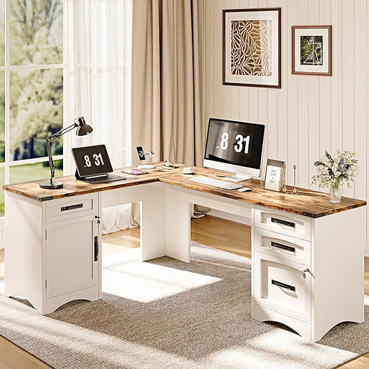 L Shaped Farmhouse Executive Desk with Drawers, 67" Home Office Desks with Fast Charging Station, Lockable File Cabinet, Wood Writing Computer Desk for Work, Study, White