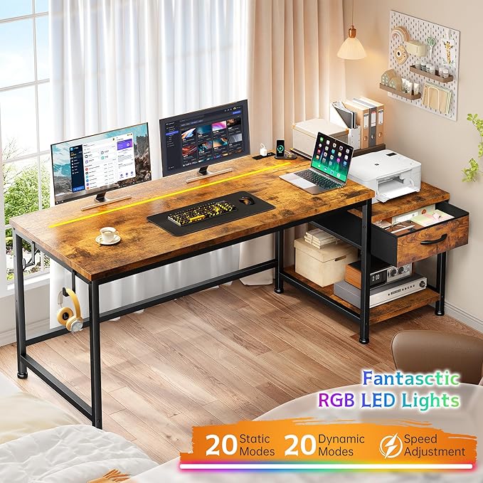 48.1 Inch Computer Desk,Reversible Office Desk with LED Lights & Power Outlets,Writing Desk with Wide Tabletop for Study,Writing,Small Desk with Drawers & Printer Shelf for Storage,Craft,Rustic Brown
