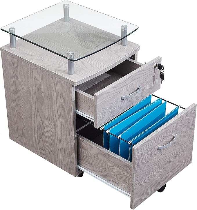 2-Drawer Rolling File Cabinet with Lock and Glass Top, Under Desk File Cabinet with Wheels, Printer Stand, Grey