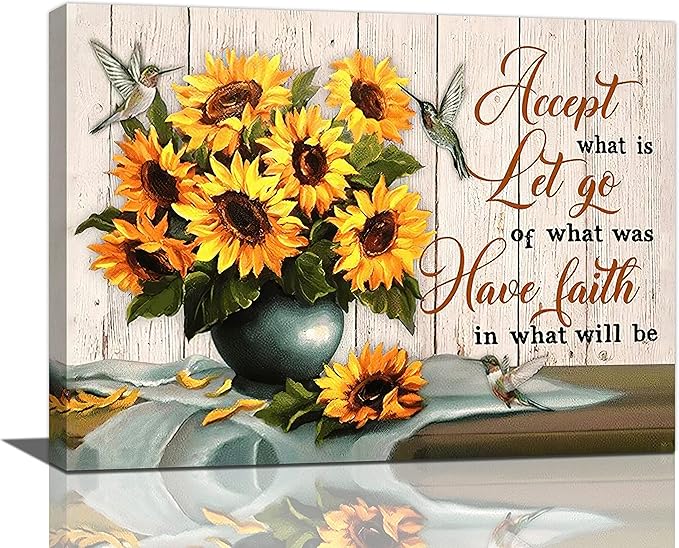 Farmhouse Sunflower Wall Art Country Sunflower Hummingbird Pictures Wall Decor Rustic Sunflower Canvas Painting Modern Artwork Home Decorations for Bathroom Dining Room Kitchen Bedroom Office Framed