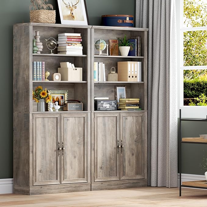 70.1" Tall Bookshelf with Cabinet, 5-Tier Floor Standing Bookcase with Doors & Adjustable Shelves, 31.5" Wide Storage Shelf, Metal Handles, Modern Organizer for Home Office, Living Room