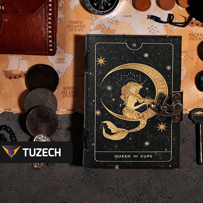 TUZECH Book of Spells Leather Bound Journal Deckle Edge Paper Grimoire Printed Diary Third Eye witchcraft supply and Witch Spell Notebook Antique Vintage Book for Men and Women (Queen of Cups)