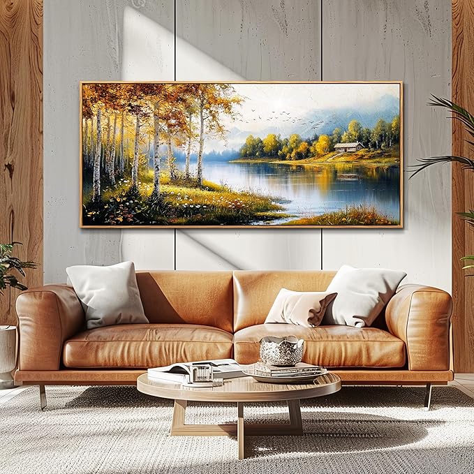 ERQINHUA Large Canvas Forest Landscape Painting Wood Framed Wall Art Living Room Wall Decor For Bedroom Lakeside Watercolour Wall Pictures Artwork Picture Office Restaurant Home Decoration 32x72 In
