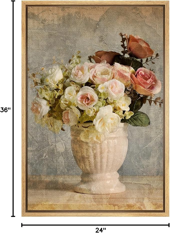 SIGNFORD Canvas Print Wall Art Vintage Pink & White Roses in Vase Floral Plants Photography Modern Art Rustic Colorful Multicolor Warm for Living Room, Bedroom, Office - 24"x36" Natural