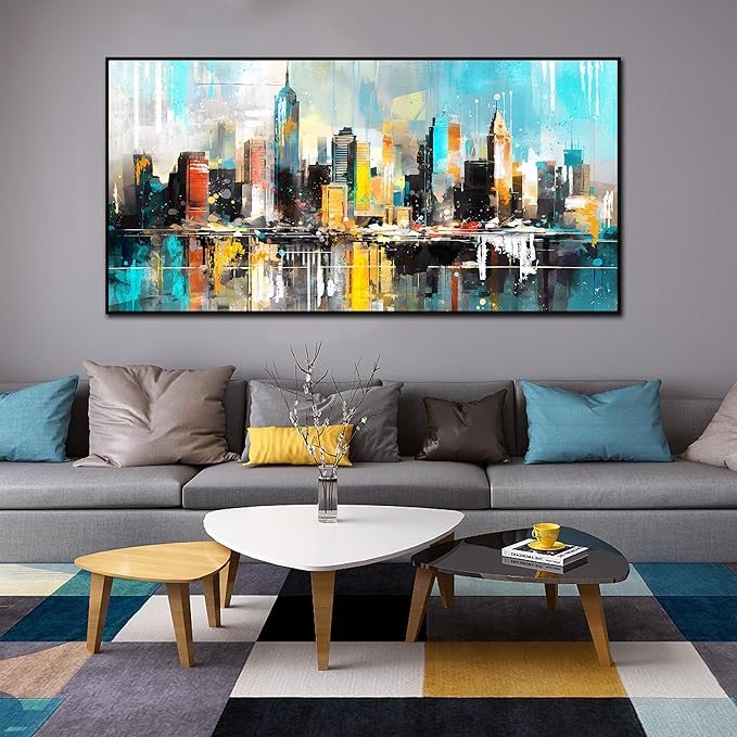 LAOTOART Cityscape Abstract Wall Art for Living Room - Blue Wall Decor - Modern Wall Art Framed Ready to Hang Size 29" x 59"