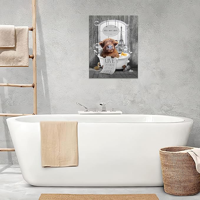 yerretin Funny Highland Cow Bathroom Wall Art Cow in Bathtub Pictures Wall Decor Hello Sweet Canvas Painting Modern Artwork Bathroom Decorations Framed Ready to Hang 16"x24"