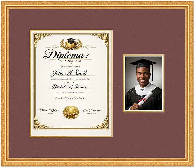 CountryArtHouse Fits 10 x 13 College Diploma (Portrait Traditional) and 5 x 7 P Diploma and Photo Frame Museum Gold Genuine Hardwood with Dark Red Over Metallic Gold Double mat
