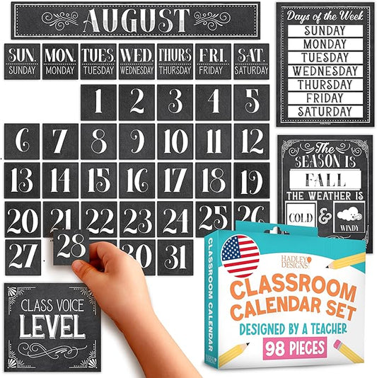 Hadley Designs Classroom Calendar Set Bulletin Board Decorations - Black White School Calendar for Classroom Decor, Kindergarten Preschool Elementary Teacher Must Haves, Homeschool Daycare Essentials