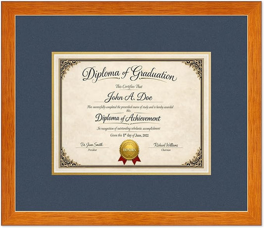 Diploma Frame Honey Oak with Navy Blue Over Gold Double Mat - Fits 11 x 8.5 US Letter Certificate Wall Display Made in the USA