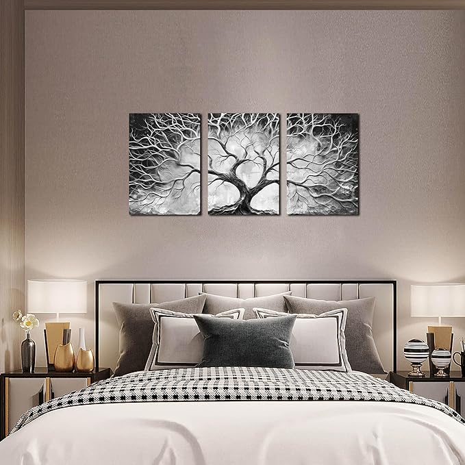 Tree Pictures Wall Art for Living Room - Black and White Canvas Wall Art for Bedroom - Home Office Decor Wall Size 16" x 24" x 3 Pieces