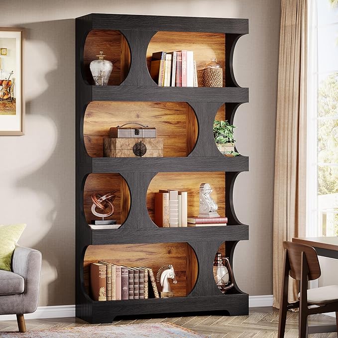 Tribesigns 71" Tall Black Bookcase Set of 2, Modern Asymmetrical Bookshelf, 4-Tier Freestanding Display Shelf with Classic Shape, Large Library Book Shelf for Living Room, Home Office