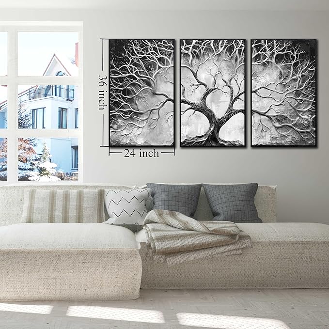 Large Framed Wall Art Bedroom - Tree Pictures Wall Decor - 3 Piece Abstract Wall Art with Black Frame Ready to Hang Size 24" x 36" x 3 Panels