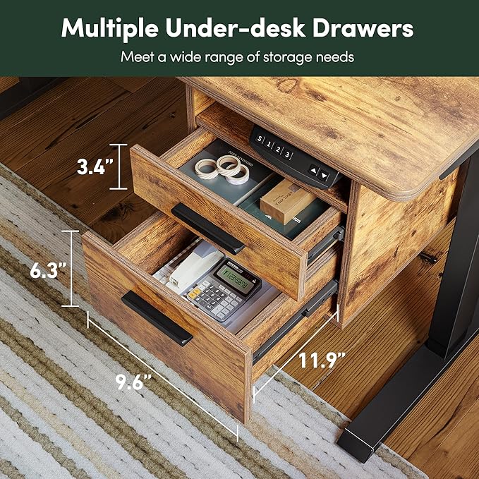 FEZIBO Standing Desk with Wood Drawers, 48" x 24" Electric Height Adjustable Table with Monitor Shelf, 3 Drawers and Open Storage, Computer Home Office Sit and Stand up Workstation, Rustic Brown