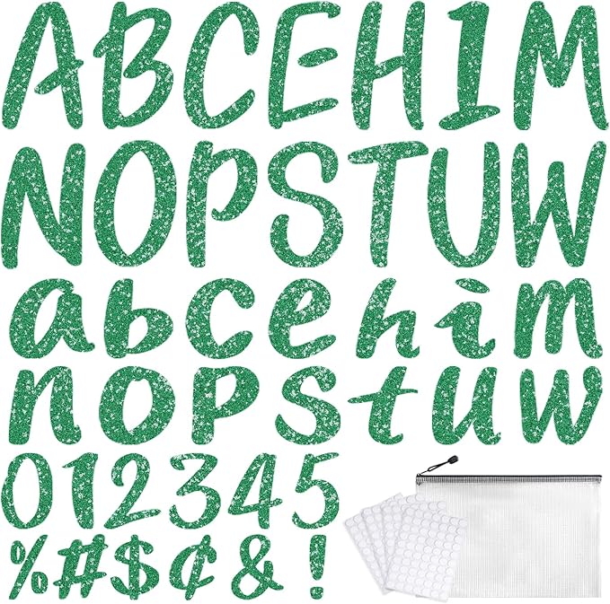 273 Pcs 4 Inch Glitter Bulletin Board Letters Set - Poster Board Letter Cutouts with Alphabet, Symbols, Numbers, Storage Bag - Classroom Decor, DIY Projects, Teacher Supplies, Office (Green)