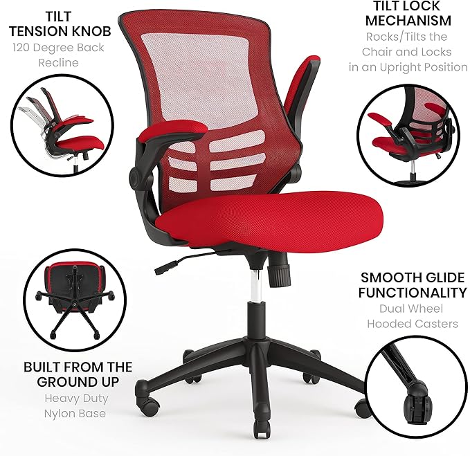 Flash Furniture Kelista Mid-Back Red Mesh Swivel Ergonomic Task Office Chair with Flip-Up Arms