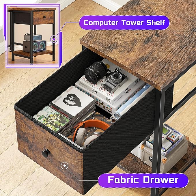 48" Gaming Desk with LED Lights, Computer Desk with Power Outlet & Drawer, L Shaped Desk with Monitor Stand for Gaming, Home Office Desk for Study Room, Bedroom, Living Room, Rustic Brown
