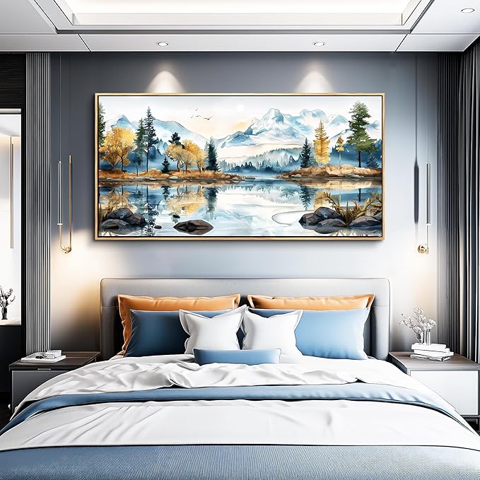 ERQINHUA Large Canvas Wood Framed Abstract Wall Art Living Room Wall Decor for Bedroom Office Decoration Watercolour Paint Tree Lakeside Landscapes Picture Artwork Home Decor Ready to Hang 30x60 In
