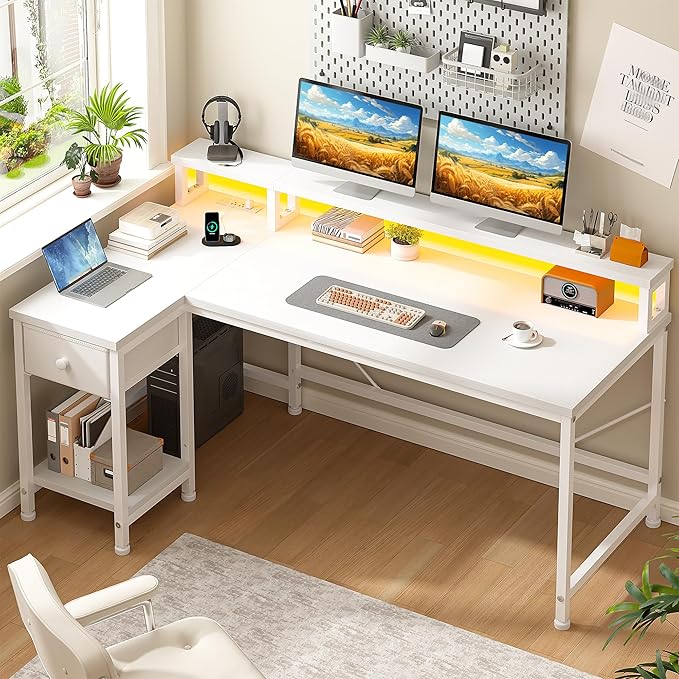 White Desk with Drawers, 48" L Shaped Computer Desk with Monitor Stand & Power Outlet for Small Room, LED Lights for Gaming, Study Room, Bedroom, White