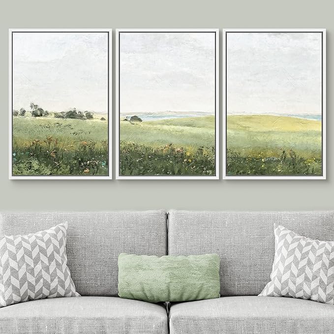 SIGNWIN Framed Canvas Print Wall Art Set Green Pasture Countryside Flower Field Nature Abstract Illustrations Modern Art Decorative Nordic Rustic for Living Room, Bedroom, Office - 16"x24"x3 White