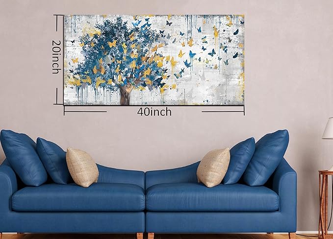 Kepgonegu Large Canvas Wall Art Blue Tree Golden Butterflies Picture Abstract Grey Graffiti Canvas Prints Ready to Hang for Living Room Bedroom Size 20x40