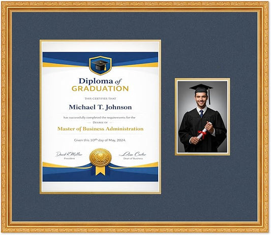 Diploma Frame With Photo Opening Museum Gold Navy Blue Over Gold Mat - Fits 11 x 14 Degree and Picture Made in the USA