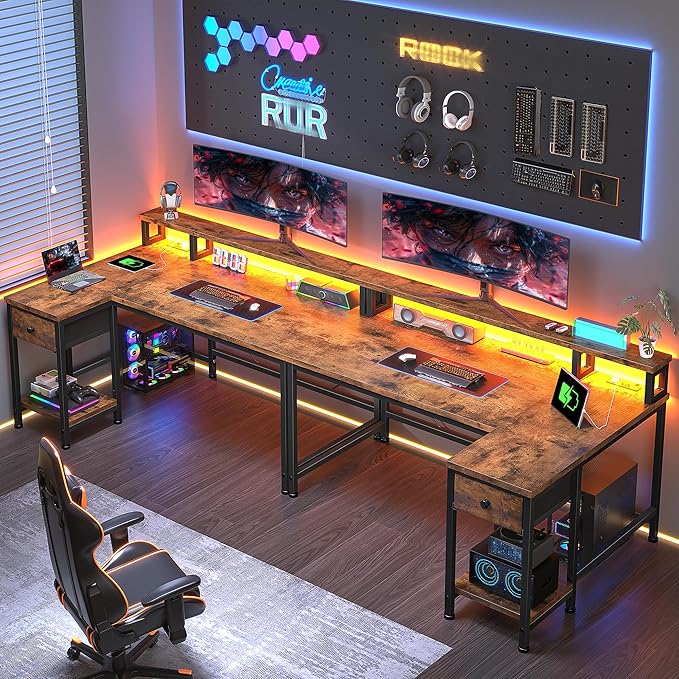 40" Gaming Desk with LED Lights, Computer Desk with Power Outlet & Drawer, L Shaped Desk with Monitor Stand for Gaming, Home Office Desk for Study Room, Bedroom, Living Room,Rustic Brown
