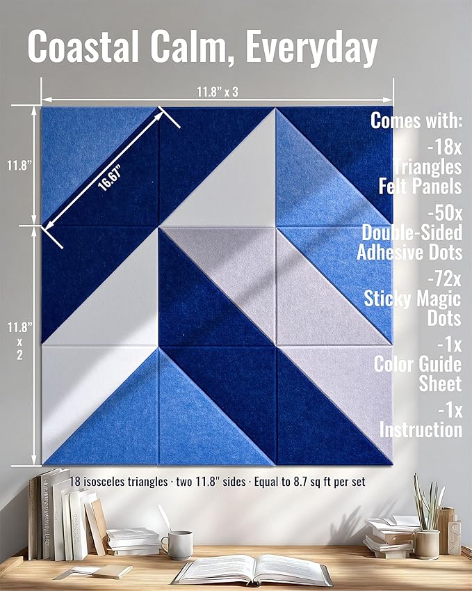Felt Wall Tiles Bulletin Board, Marine Blue White Panels, Modular Decorative Boards for Home Office, Kids Room, Nursery, DIY Geometric Art Display, 18 Pack 11.8" Triangle Tiles (Marine)
