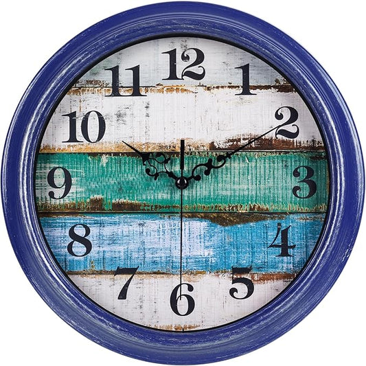 Wall Clocks Battery Operated 12Inch Silent Vintage Rustic Coastal Wall Clock for Kitchen Bedroom Bathroom (Blue)