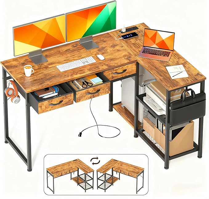 Gizoon Corner Computer Desk, 53 Inch L Shaped Office Desk with Power Outlets, Drawers, Reversible Storage Shelves, CPU Stand and Hooks for Living Room, Home Office, Study, Gaming(Rustic Brown)