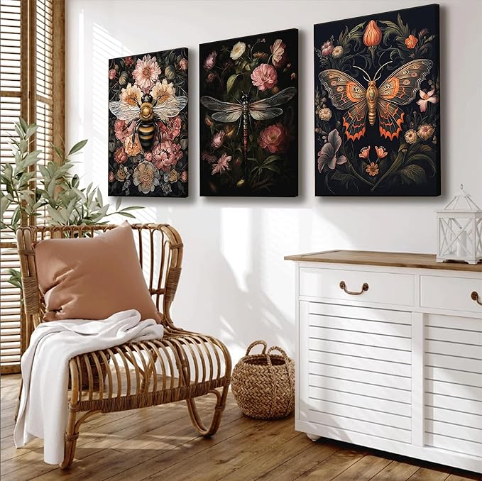 3pcs Dark Floral Canvas Wall Art Vintage Butterfly Dragonfly Bee Painting Picturts Wall Decor Gothic Dark Academia Aesthetic Posters Print Artwork for Bedroom Living Room Home Decoration 16x24in