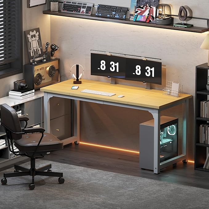 NSdirect 63" Computer Desk,Large Home Office Desk Wide Workstation 1 inch Thicker Tabletop for Writing,Games and Home Work PC Desk Modern Finish Wood Board and Sturdy Steel Legs,Oak+White