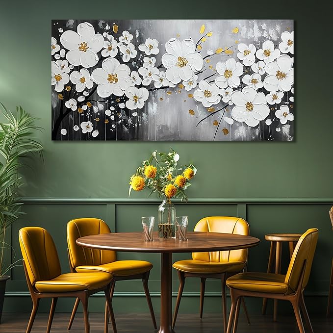 WDHCG Flower Hand Painted Wall Art For Office Women - Large Modern Art Wall Decor For Living Room - White Huge Canvas Wall Art For Bedroom Size 36 x 72 Inch