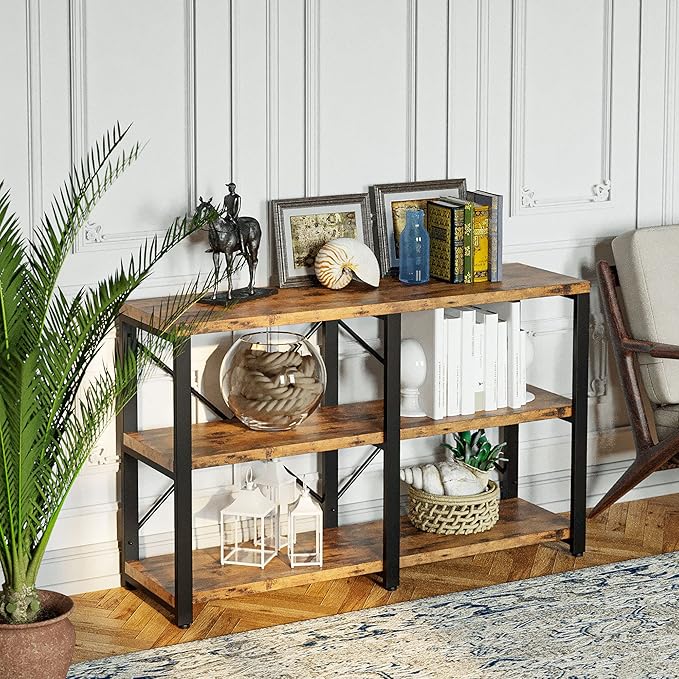 IRONCK Bookshelf Double Wide 47 in 3-Tier, Industrial Bookcases, Wood and Metal Bookshelves, Book Shelves for Home Office Decor Display
