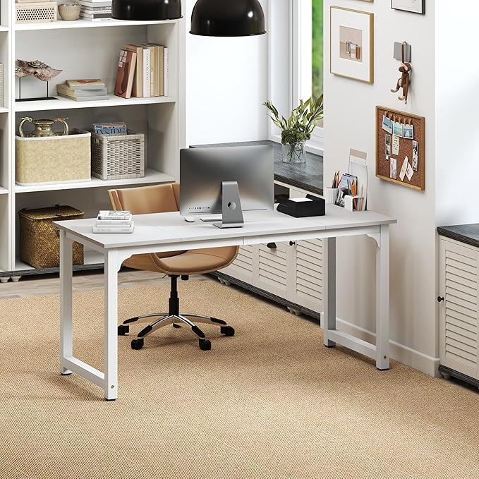 NSdirect Large Office Desk for Home Office, Large 63” Computer Desk Table, Wide Writing Study Desk for 2 Person, Metal Sturdy Frame Thicker Steel Legs,Warm White