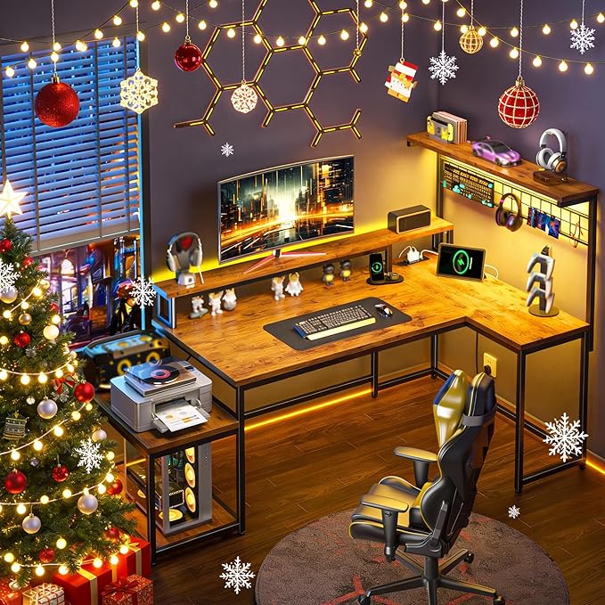 Gaming Desk with Shelves & Hooks, 56" L Shaped Computer Desk with LED Lights & Power Outlets & Monitor Stand and Printer Space for Home Office, Study Room, Bedroom, Rustic Brown