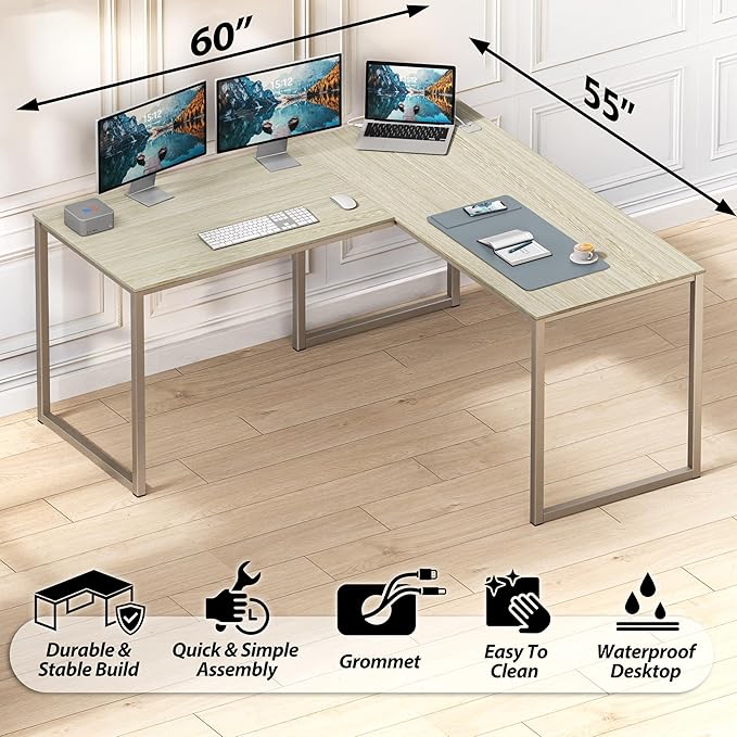 SHW Mission 55 x 60 Inches L-Shape Home Office Computer Desk, Maple
