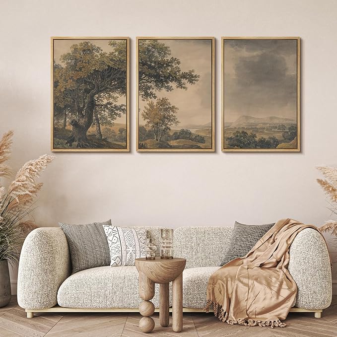 MUDECOR Framed Wall Art Print Set Vintage Landscape Rustic Tree and Mountain View Illustrations Decorative Colorful for Living Room, Bedroom, Office - 16"x24"x3 Natural