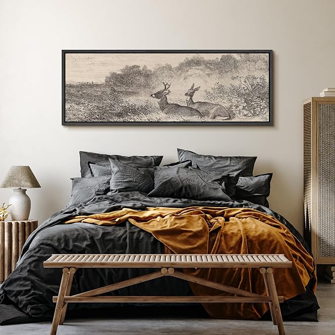 SIGNFORD Large Framed Canvas Vintage Deer Meadow Landscape Illustrations Modern Art Calm Warm for Living Room, Bedroom, Office - 60"x20"