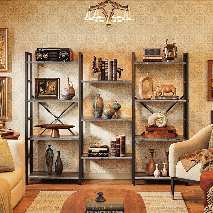 SUPERJARE Triple Bookshelf, Bookcase with 11 Open Display Shelves, Wide Book Shelf Book Case for Home & Office, 4 Tier, Grey