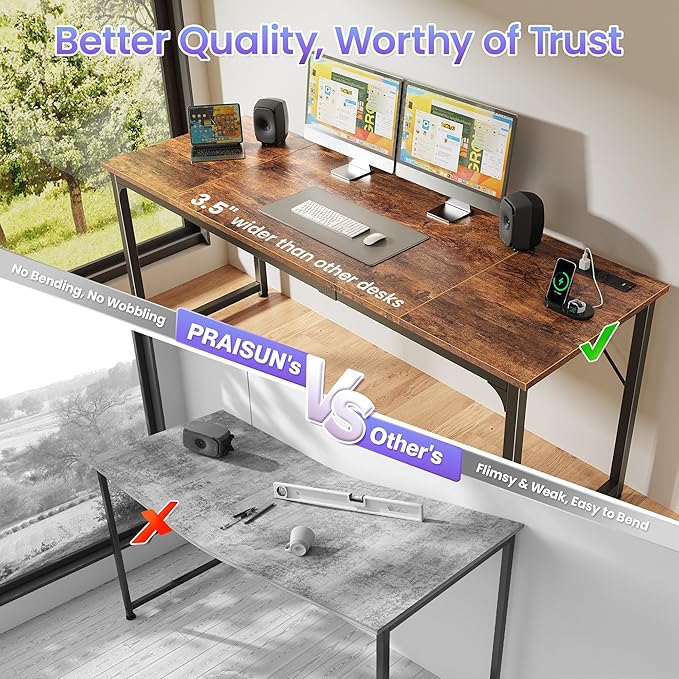 PRAISUN 70 X 24 Inch Office Computer Desk with Power Outlets and USB-C Port, Larger and Longer Gaming Desk, for Home Office, Study, Writing Work from Home Table, Metal Frame, Rustic Brown